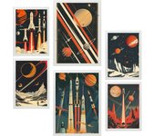 Nacnic set de 6 pósters nave espacial, cohete, planetas vintage tonos rojos y azules marco blanco