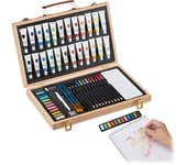 Relaxdays maletín pinturas con goma, sacapuntas, lápices y lapiceros de color, madera, 56 piezas, pintura acrílica, marrón