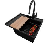 Primagran fregadero granito todo negro 62x53cm, fregadero cocina 1 seno + sifón + accesorios, fregadero sobre encimera al mueble 45cm - sydney pocket