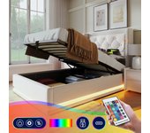 Cama contenedor 90 x 200 cm con cabecero - tomas usb y tipo c - led - tejido de algodón - beige (sin colchón)