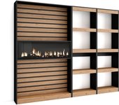 Librería estantería, 230x25x186cm, salón - comedor - oficina, chimenea eléctrica, roble y negro
