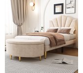 Cama shell - 90 x 200 cm - terciopelo - color beige + banco de almacenamiento + somier