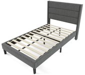 Cama capitonada 90 x 200 cm con cabecero, somier de lamas, revestimiento de lino gris