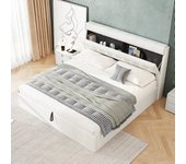 Cama con canapé de 160 x 200 cm con cabecero de almacenaje - led - piel sintética - blanco (sin colchón)