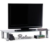 Relaxdays mueble tv de cristal, mesa televisión, vidrio y metal, 100 x 35 x 17 cm, blanco y plateado