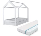 Vitalispa cama en forma de casa wiki, blanco, 90x200 cm con 2 cajones y colchón