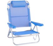 Silla de playa baja con cojín y reclinable 4 posiciones convertible en tumbona azul