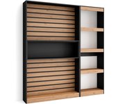 Librería estantería, 170x25x186cm, salón - comedor - oficina, con almacenaje, roble y negro