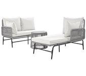 Conjunto de salón de jardín en cuerda gris con marco de hierro.