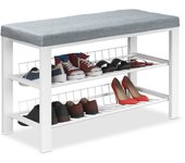 Relaxdays banco zapatero, organizador zapatos recibidor, acolchado, 2 baldas, tela, metal, 50,5x82x33cm, gris y blanco