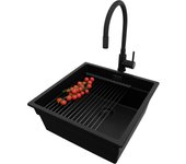 Primagran fregadero granito todo negro 46x47cm, fregadero cocina 1 seno + sifón + accesorios, fregadero sobre encimera al mueble 50cm - prague slim