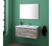 Mueble con cajón de 90 cm para baño, color cemento, lavabo y espejo | madrid