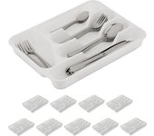 Set 10 cuberteros cajón 5 espacios, organizador cubiertos plástico, 4x24,5x32,5cm, utensilio, apilable, blanco