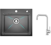 Fregadero de cocina 1 seno 50×45×18,5 cm fregadero de acero inoxidable negro + mezclador de cocina de acero inoxidable cepillado con caño alto y curvo