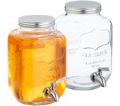 Relaxdays set 2 dispensadores de bebidas, recipiente limonada 4l, grifo y tapa, cristal y acero inoxidable, transparente