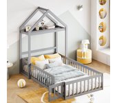 Cama-cabina infantil con barreras y puerta, 90 x 200 cm, madera maciza, espacio de almacenamiento, lacado gris