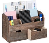 Relaxdays organizador de escritorio, seis compartimentos, dos cajones, madera, marrón oscuro, 25x36,5x15 cm
