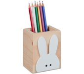 Relaxdays portalápices cuadrado diseño de conejo, cubillete madera lápices, bolis, pinceles, 10x8x6 cm, natural y blanco
