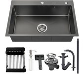 Lonheo max fregadero de cocina negro 68x45x19cm con distributor de jabón y escurridor cesta