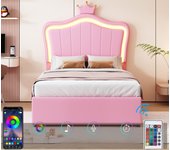 Cama contenedor de piel sintética 90x200 cm - con led y somier - rosa