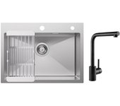 Fregadero de cocina fregadero de acero inoxidable cepillado de 1 seno de 60×45cm con cesta de drenaje+mezclador de fregadero negro giratorio de 360 °