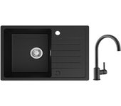 Fregadero de 1 seno de cuarzo y resina - fregadero negro con escurridor 78x45 cm + mezclador de cocina de acero inoxidable negro
