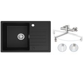 Fregadero de 1 seno de cuarzo y resina - fregadero negro con escurridor 78x45 cm + mezclador de cocina de pared con 2 chorros cepillados