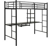 Cama alta de metal con escritorio, multiusos 2 en 1 con estación de trabajo, estantes de almacenamiento, 2 escaleras y barras de longitud completa,