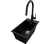 Primagran fregadero granito negro 28x50cm, fregadero cocina 1 seno + grifo 40x22cm + sifón, fregadero sobre encimera al mueble 30cm - riga