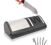 Afilador eléctrico de cuchillos de cocina, 2 niveles de afilado + pulido, cuchillos de metal o cerámica, discos abrasivos de diamante, 21cm (negro)