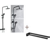 Auralum max columna de ducha negra con mezclador termostático 38°c, altura regulable, mano de 3 chorros + toallero de dos brazos, 42 cm, negro