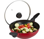 Relaxdays sartén wok con tapa de cristal 30 cm, asas, revestimiento antiadherente, inducción, gas y eléctrica, 4l, rojo