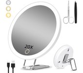 Espejo de maquillaje recargable con luz y aumento de 20x, 3 modos de atenuación, con ventosa y soporte de escritorio, color blanco