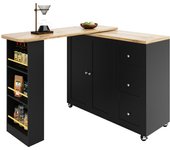 Mesa de bar giratoria 360° con ruedas, negra, con tres cajones y soporte para snacks, 138-209 x 39 x 104 cm