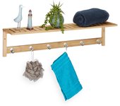 Relaxdays perchero de pared con estante, 6 ganchos, baño y pasillo, estrecho, bambú, 18 x 75 x 16 cm, toallero, natural