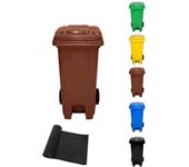 Cubo de basura 120 litros con pedal y ruedas | contenedor de basura robusto con pedal | 120 l + bolsas (marrón)