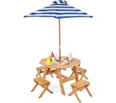 Mesa de picnic infantil con 4 taburetes y sombrilla extraíble, 1 mesa y 4 sillas de madera para niños, 3 años, para exterior interior (natural)
