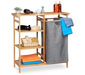 Relaxdays estantería baño con cesto ropa sucia abatible, armario bambú, saco textil, 80,5x80x33,5 cm, natural y gris