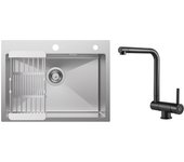 Fregadero de cocina de 1 seno, fregadero de acero inoxidable cepillado de 60×45×18cm con cesta de drenaje + grifo mezclador de cocina plegable negro