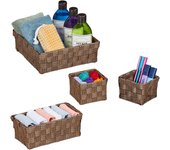 Relaxdays cestas de almacenaje tejidas en set de 4, 3 tamaños, de plástico, estructura de metal, cajas para baño, marrón