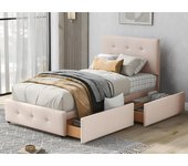 Cama tapizada de terciopelo 90x200cm - cama individual con 2 cajones y somier - crema