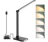Lámpara de mesa de 6 w, lámpara de escritorio led, lámpara de lectura, 5 temperaturas de color y 5 niveles de brillo— negro (modelo enchufable)