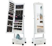 Costway armario para joyas con ruedas, organizador de joyerías con luces led y cerradura, gabinete de joyería con espejo de cuerpo entero y 3 posicion