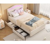Cama para adultos 90x200 cm en tejido de lino - con led y 2 cajones - beige
