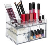 Relaxdays organizador de maquillaje con 14 compartimentos y 3 cajones, pintaúñas, labiales, de plástico, transparente