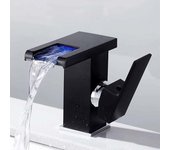 Grifo led en cascada (negro) baño cascada negra fregadero de encimera frío y caliente grifo de baño