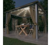 Cenador con cortina y luces led 3x3 m aluminio taupe