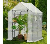 Invernadero de jardín con estantes y lona de pe reforzada 135g/m2 blanco,143x143x195cm