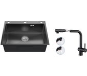 Auralum max fregadero cocina empotrable,1 bandeja,60*49*20cm,acero inoxidable 304,negro+grifo cocina ducha extraíble dos jets giratorio 360°,negro