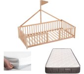 Cama infantil tipi 140x70 tipo montessori apache wonderland de madera de haya y color madera + colchón morfeo + protector colchón